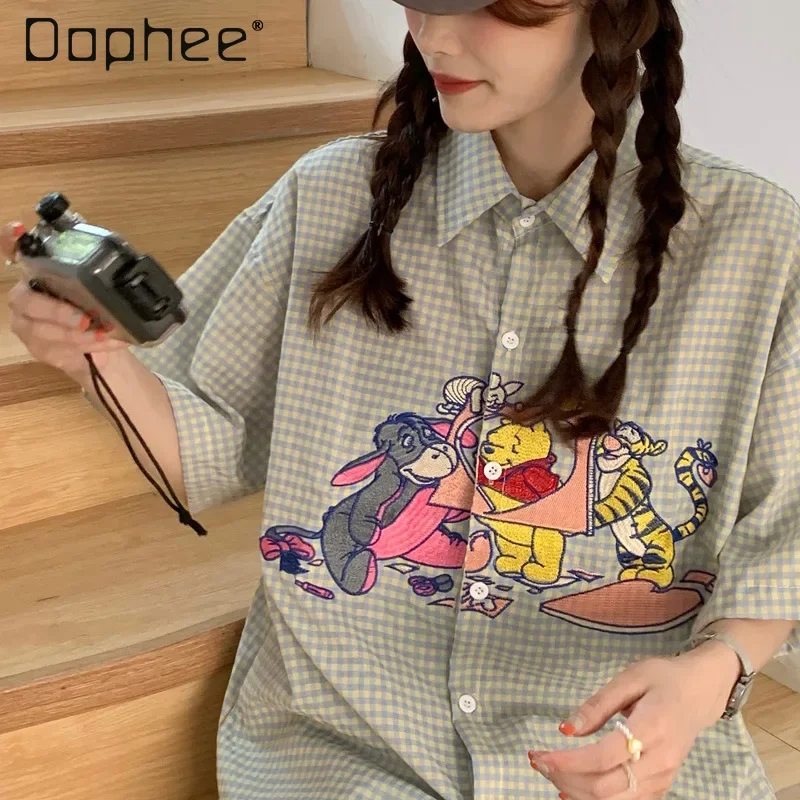 

Kawaii Cartoon Embroidered Short-Sleeved Shirt for Women Summer New Loose Retro Plaid Thin Cardigan Fashion Women Tops