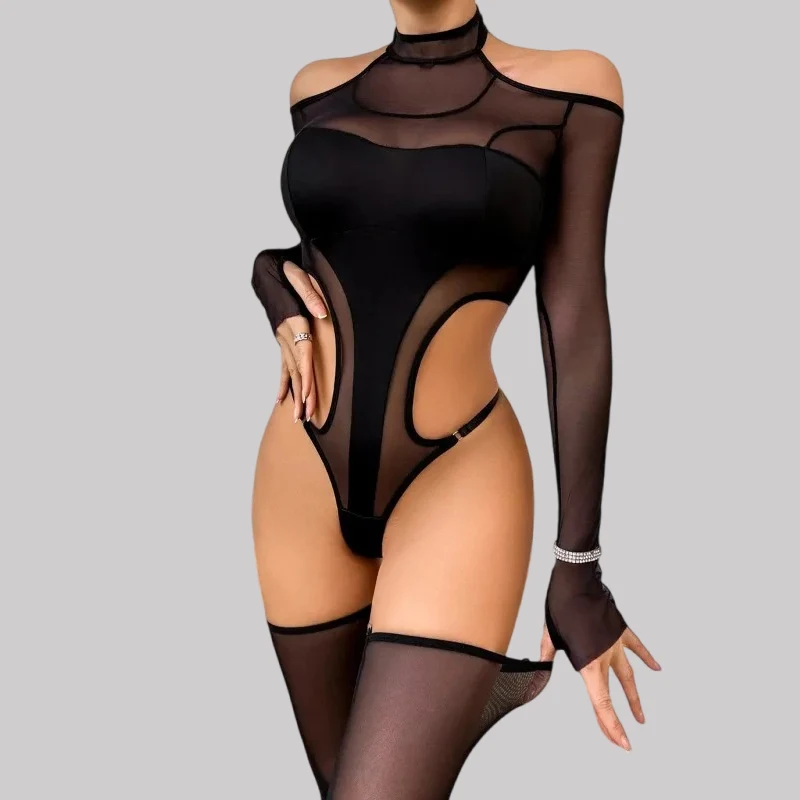 

Tornova Lace Sexy Halter One-piece Suit Skinny See-through Hollow Out Solid Color Blacksilk Women Interesting Erotic Private Set