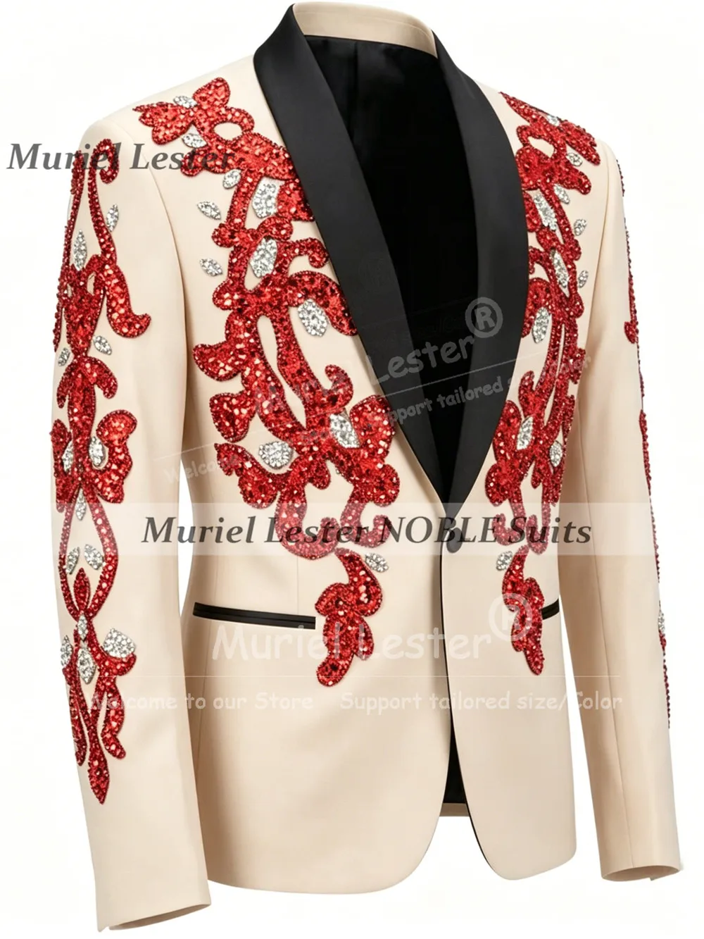 Exclusive Men Suits 2 Piece Sets Customized Shawl Lapel Groom Wedding Tuxedos Slim Fit Handmade Crystals Beading Ropa Hombre