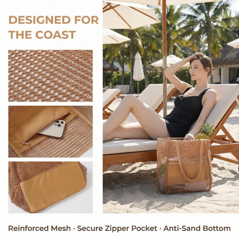Summer Outdoor Travel Mesh Foldable Beach Bag Women's Handbag Shoulder Bag Lightweight Leisure Bag Beach Essential Bag view 3