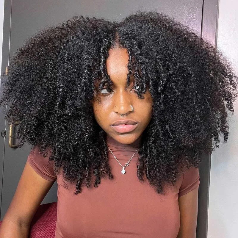 V Part Wig Human Hair 12A Upgrade Kinky Curly V Part Wig Human Hair Wigs for Women 200% Density No Leave Afro Curly V Shape Wigs