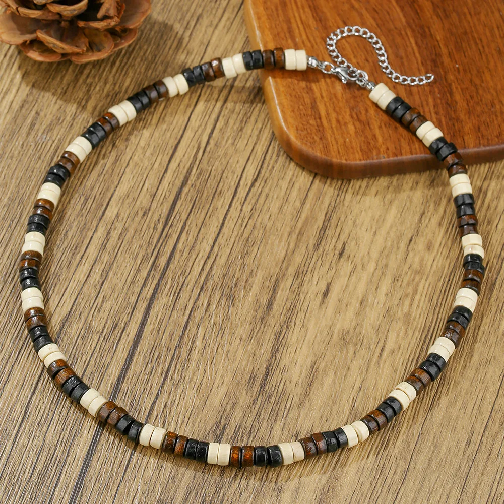 Vintage Herren Halskette aus schwarzen Holzperlen, Bohemian-Stil, Naturstein, Kokosnussschalen-Kette, modischer Schmuck, trendige Accessoires – Detail 3