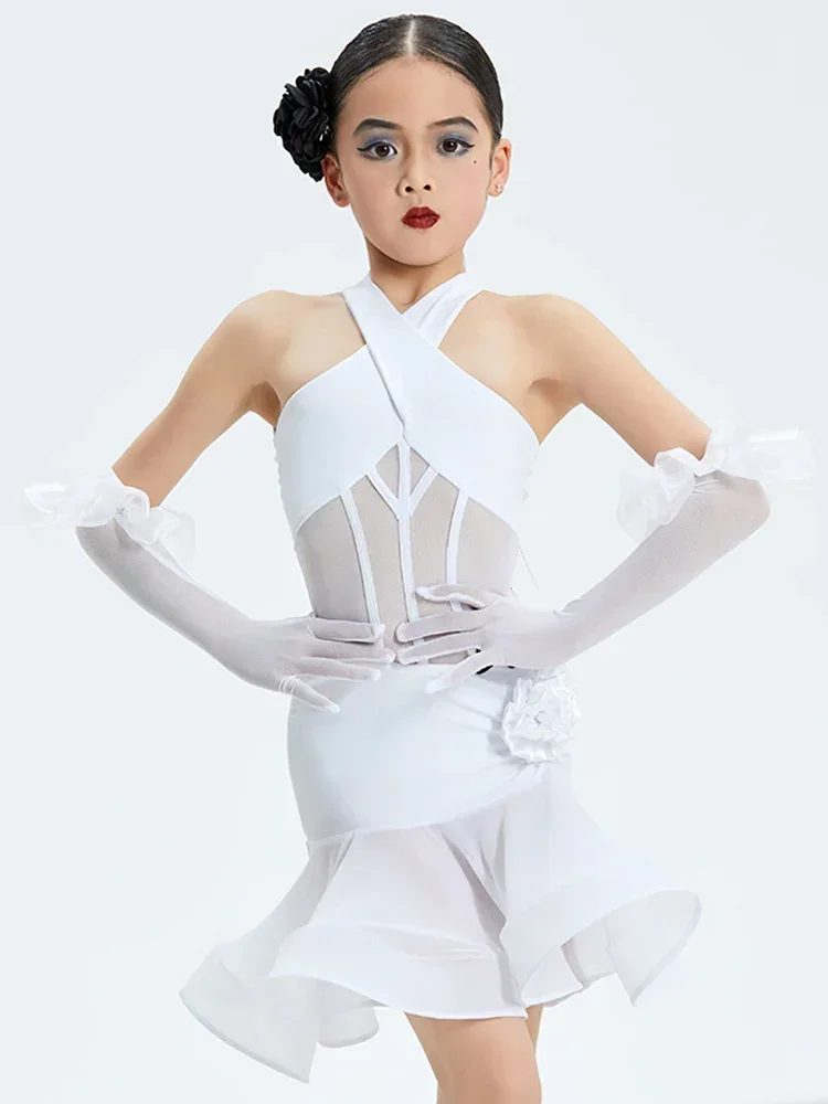 2023 New Girls Latin Dance Competition Dress White Suit Halter Neck Performance Costume Kids Rumba Ballroom Dance Dress DNV17811