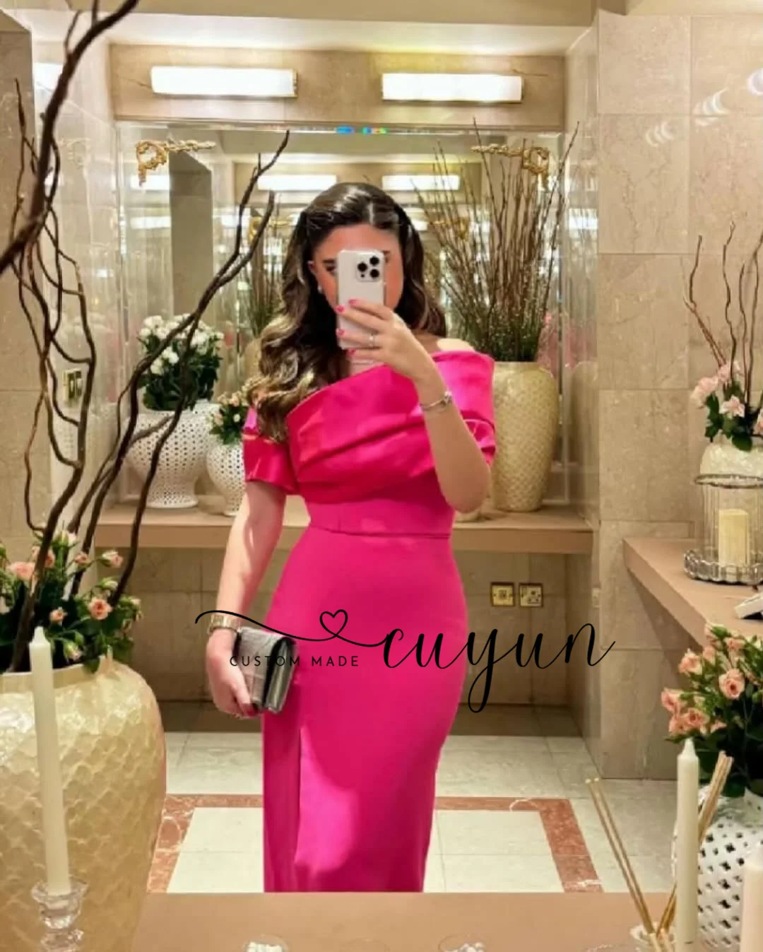 CUYUN Suknia Wieczorowa na Zamówienie, Fuksjowa, z Odkrytymi Ramionami, Satynowa, Krój Syreny, Bez Pleców, Sukienka na Bal, Długa do Podłogi