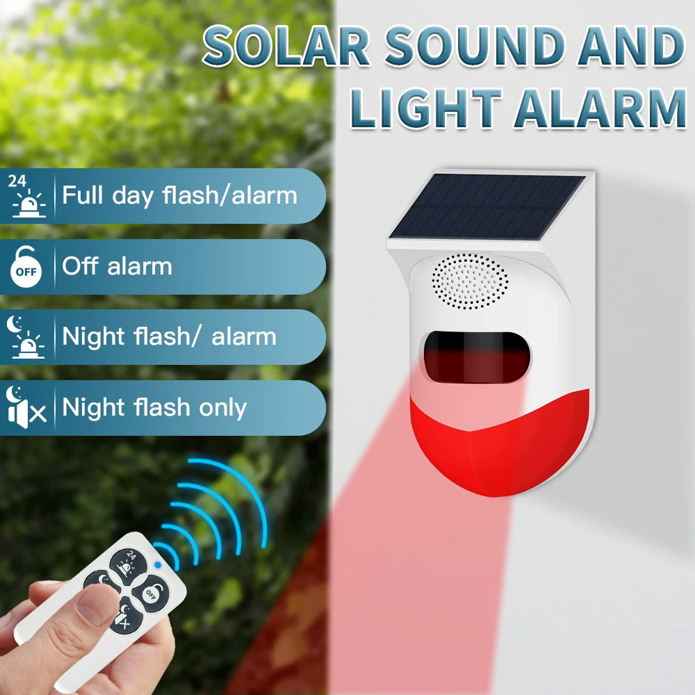 Angus Tuya WiFi Solar Powered Infrared Motion Sensor Detector Siren Strobe Alarm System Waterproof Support remote control
