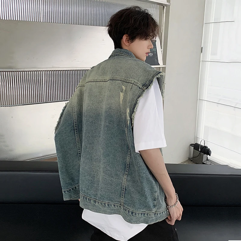 FEWQ Design Denim Men's Vest Jacket Loose Washed Wornout Sleeveless Shoulder Pad 2024 Vintage Male Tops Mew Fashion 24E1369