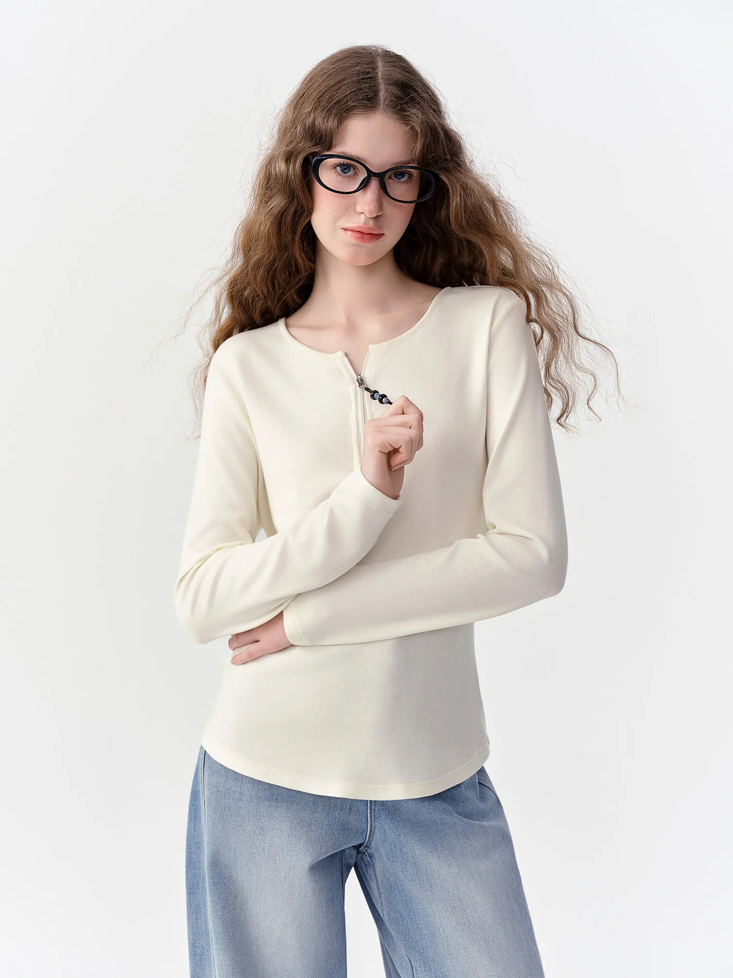 DUSHU Half-zip Knit T-shirts Women Modal Cotton Solid Long Sleeve Solid Basics New Arrival Autumn 2026 Simple All-match Soft