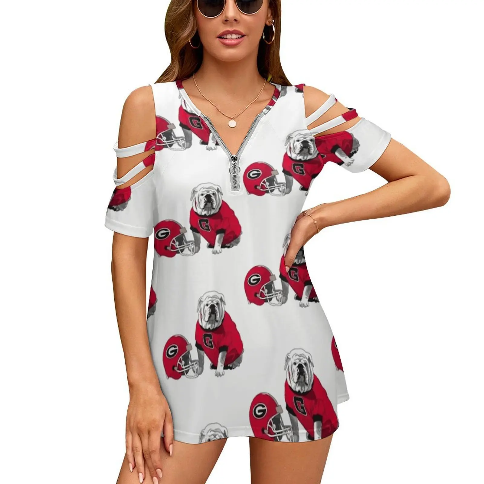 Uga Bulldog With Helmet Women's T-Shirt New Fashion Printed Zipper V-Neck Short Sleeve T Shirts Casual Plus Size Uga Uga