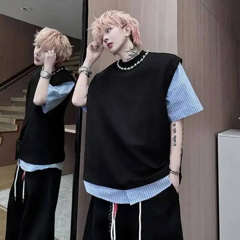 LUZHEN Sleeve 2026 Summer New Pearl Decorate Round Neck Short T-shirts Men's Fashion Handsome Fake Two Piece Design Tops JY8003