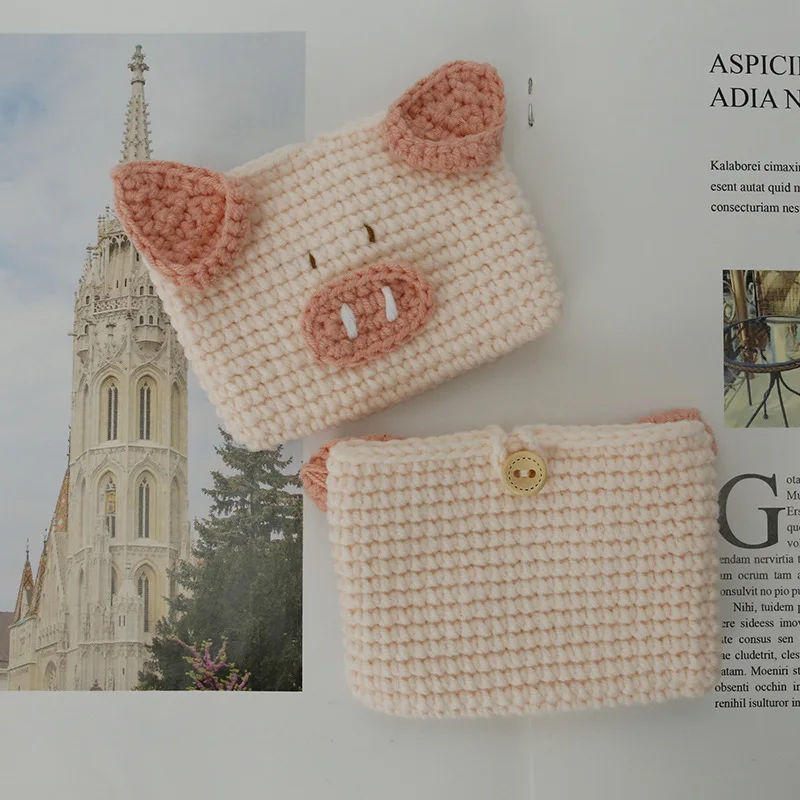 Handmade Crochet Pig Coin Purse, Cute Cartoon Pig Face Knitted Mini Card Holder Storage Pouch