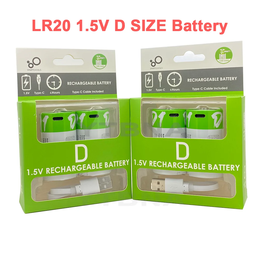 4PCS 1.5V LR20 12000mWh D Size Rechargeable Lithium Battery with Type-C Charging Cable, for Gas Stoves and Water Heaters