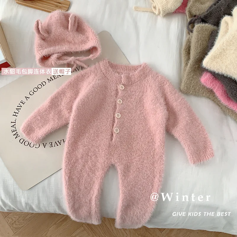 2024 Winter Nieuw in Kinderen Baby Meisjes Jongens Effen Kleur Nertsen Bont Outfits, peuter Baby Voetbindende Jumpsuits Pasgeboren Romper + Hoed