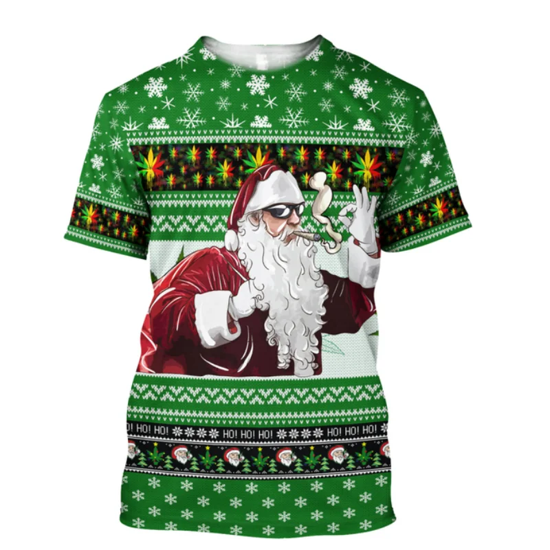 

Men's cartoon Santa Claus printed T-shirt casual O-neck short sleeved loose top fashionable Christmas clothing
