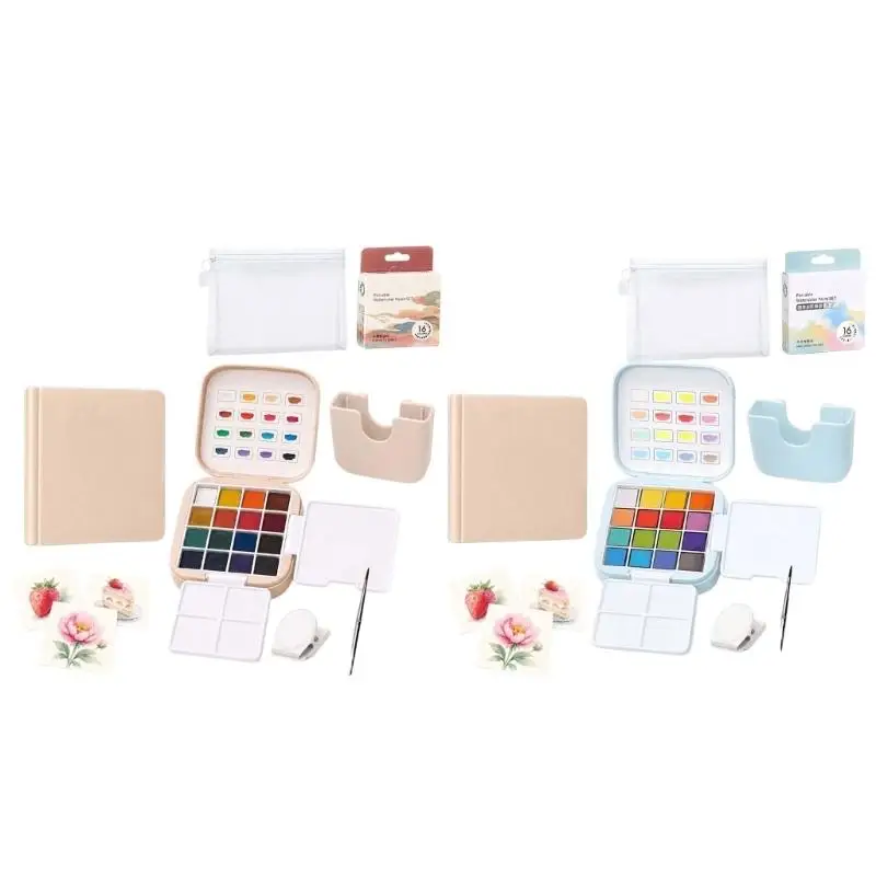 Portable Watercolor Paint Set 16 Colors Folding Case for Sketching, Journaling, School Art and Travel Painting D2RC
