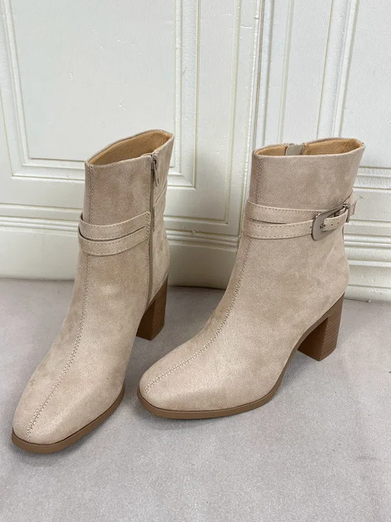 

Faionable Square Head Pure Color High Heel Belt Bule Side Zipper ort Boots Women's Boots Trendy PU Leather Ankle Boots