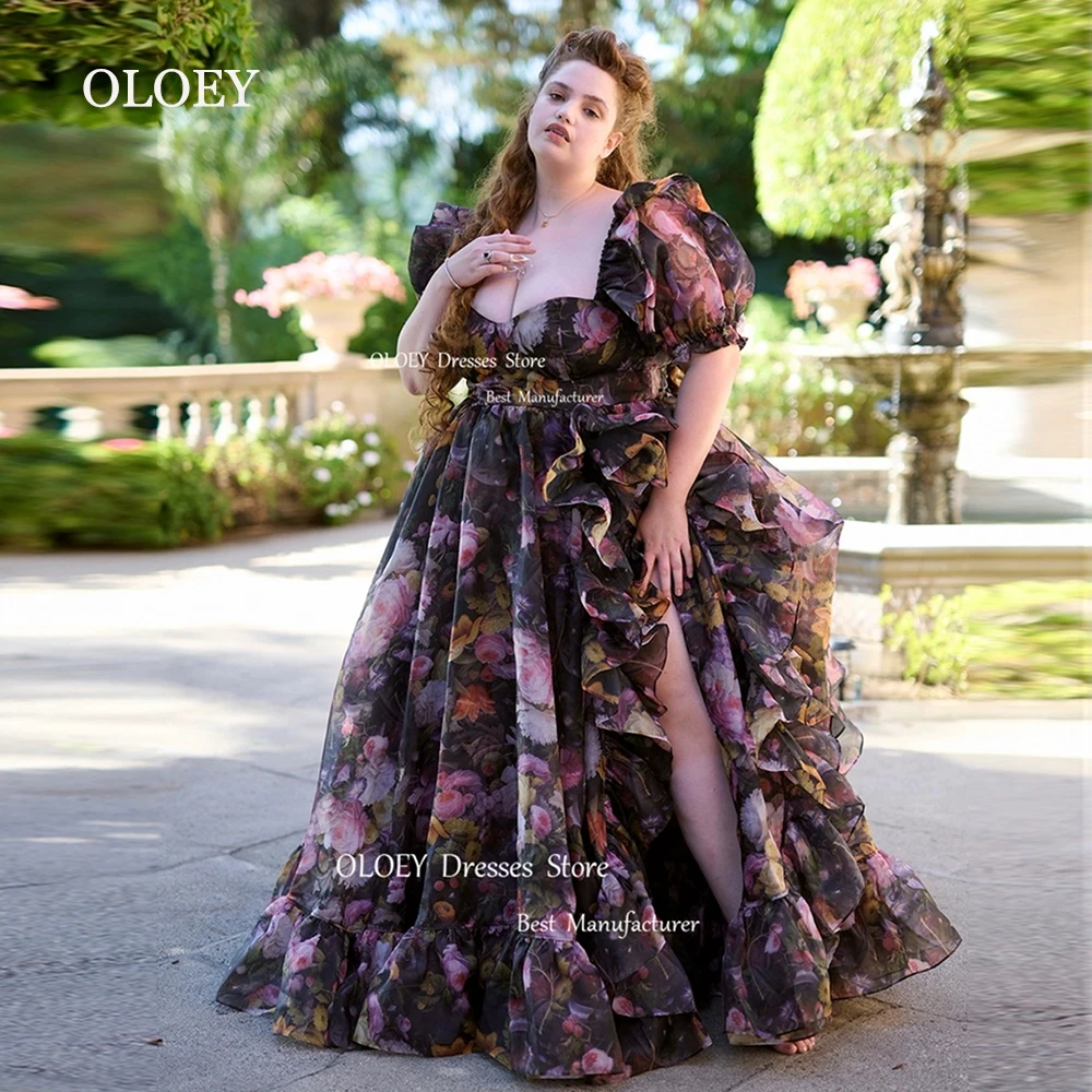 OLOEY Elegant Floral Prom Dress Princess Evening Dress Formal Floor Length Ruffles Ruched Birthday Gown Puff Sleeves Plus Sizes