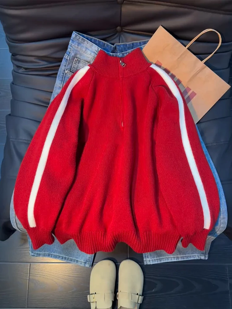 

Красный мужской зимний спортивный кардиган на молнии с флисовой подкладкой, повседневный свободный крой, утепленный вязаный свитер с длинными рукавами на молнии