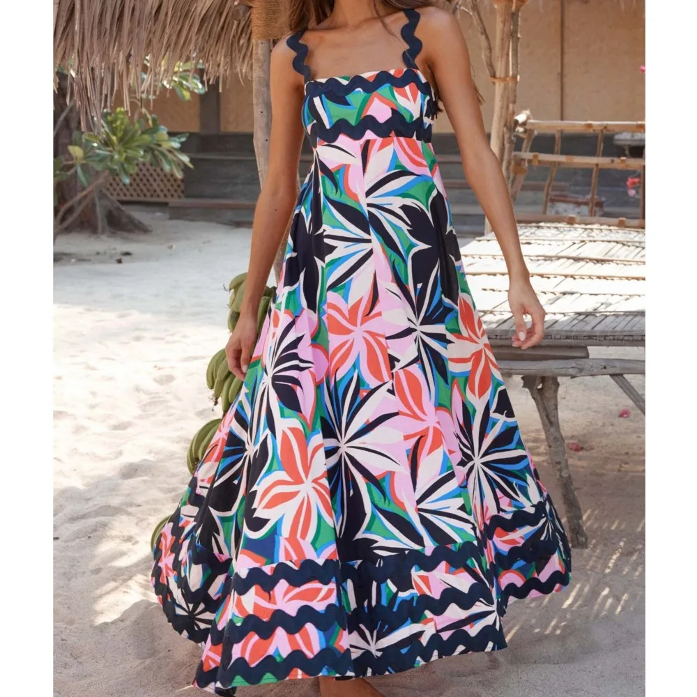 

Women's Elegant Square Neck Bohemian Grand Swing Dress 2024 Summer New Style Strap Fashion Printed Long Dress Holiday Beachwear