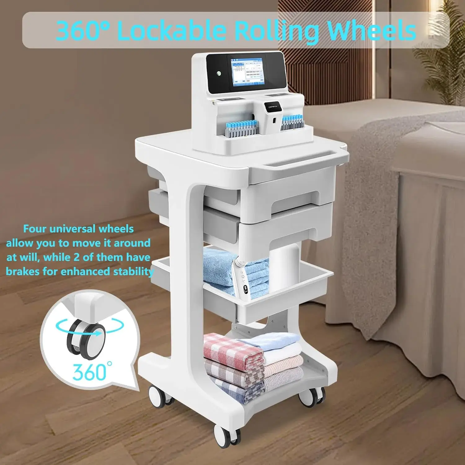 3-Tier Mobile Utility Cart Beauty Salon Rolling Cart With Wheel 2 Drawers Mobile Storage Trolley For Hospital Clinic 110lbs Load