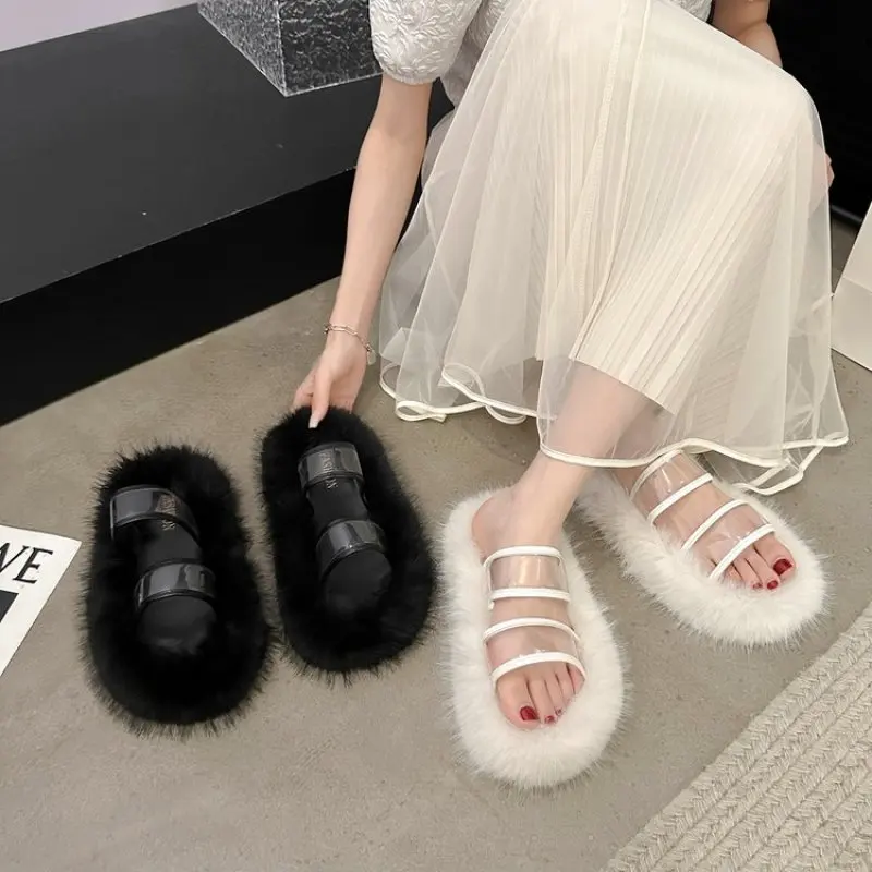 

Chunky Platform Fur Slippers Women Spring and Fall Thick Bottom Furry Outdoor Slippers Woman Short Plush Designer Shoes Female