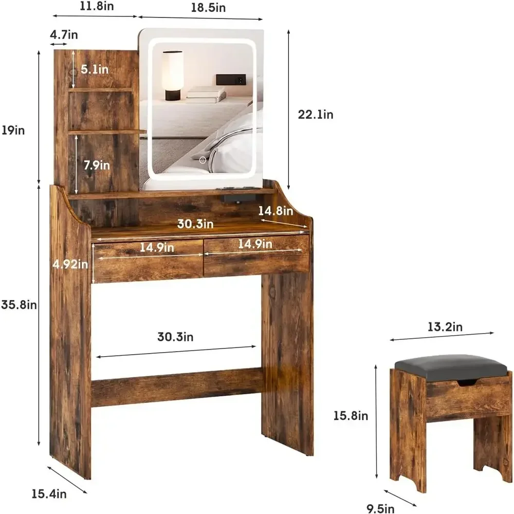LED Lighted Vanity Desk with Charging Station, 30.3 Small Set, Storage Shelves, Vanity Table for Girls & Women, Bedroom Vanity i