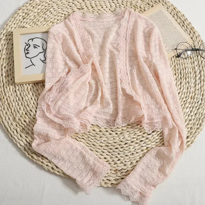 Bijgesneden roze kanten shirts damesmode pure witte blouses met lange mouwen zomer Koreaanse casual all-match tops