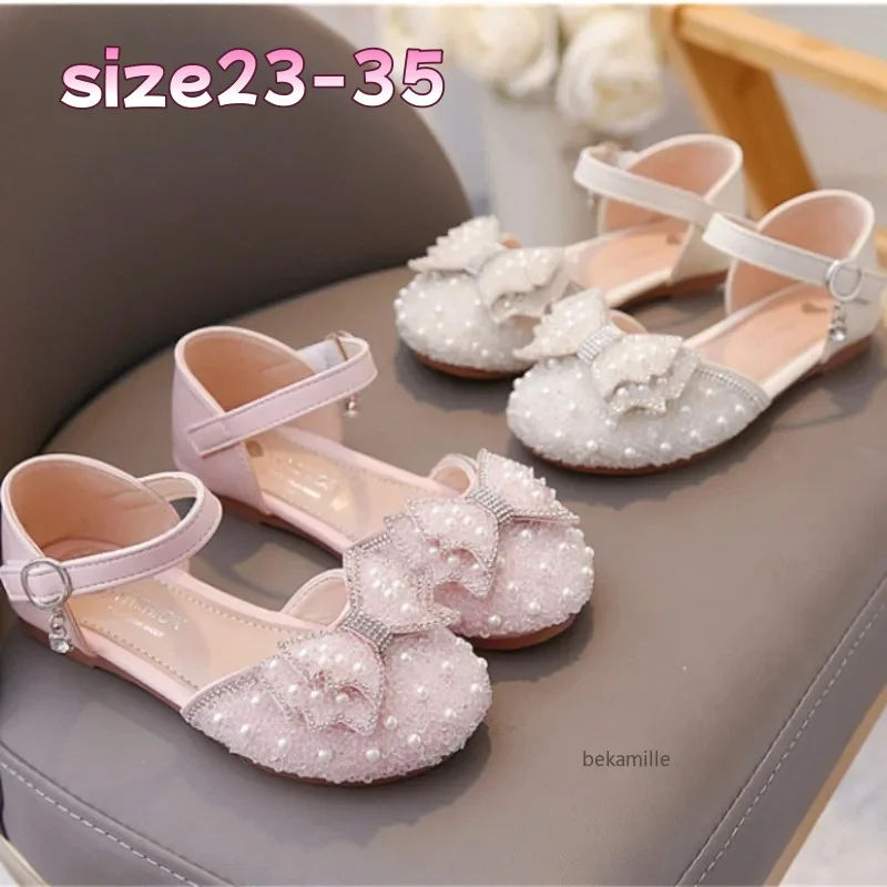 Girls' Princess Shoes Spring And Summer Sandals White Flat Dress Shoes Pearl Decoration For Kids And Teens