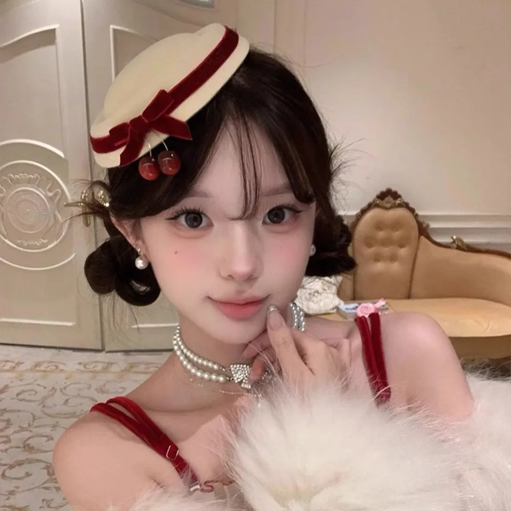 

New Cloth Bow Tie Cherry Beanie Hat Black French Style Women Hairpin White Round Hat Hair Clip Dress Up