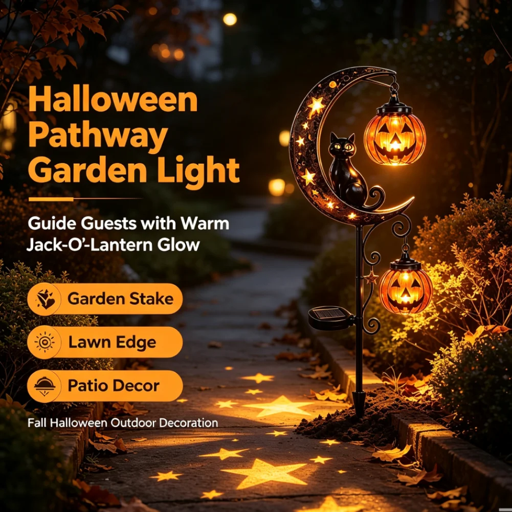 Halloween Solar Black Cat Crescent Moon Pumpkin Garden Stake Light Outdoor Waterproof Metal Yard Patio Pathway Decor Lamp