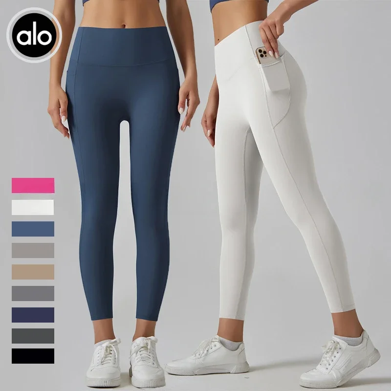 AL Yoga Skinny Belly Pocket Yoga Pants High Waist Anti-curling Alo Ultra-thin Quick-drying Fitness Legging