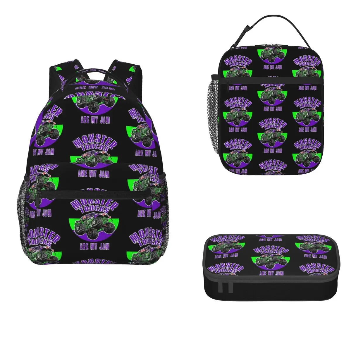 Monster Truck Are My Jam Grave Digger Vintage Art Backpacks Boys Bookbag Cartoon Kids Rucksack Lunch Bag Pen Bag Three-Piece Set