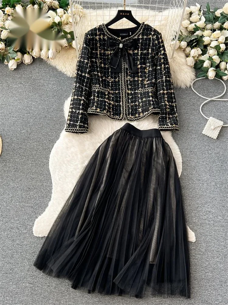 

High Quality Plaid Suits Bow Chic Cardigan+Elastic Waist A Line Mesh Skirt Lady Autumn Senior Vintage Patchwork Sets