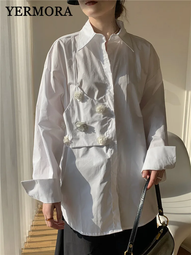 

YERMORA White Asymmetric Flower Pocket Casual Blouse For Women Lapel Long Sleeve Loose New Shirt Fashion Tide Spring Autumn 2025