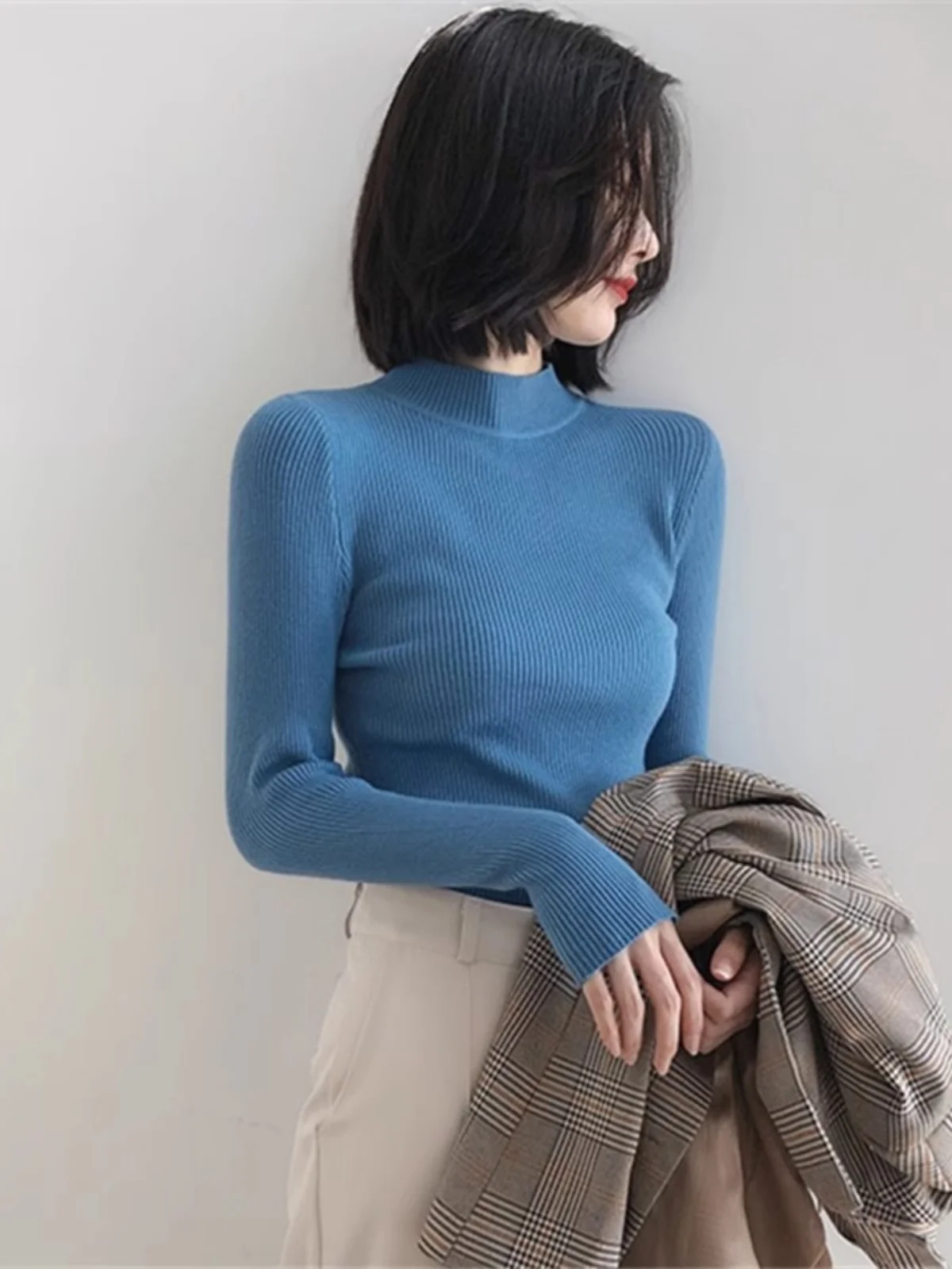 

Slim Fit Half High Collar Knitted Base Shirt Women's Thin Style Inner Wear T-Shirt Polyester Fiber Long Sleeve Regular Length