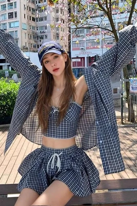 

Trendy French Style Women's 3-Piece Set - Sleeveless Vest + Plaid Long Sleeve Shirt & High Waist Skirt 2025 Summer Casual Outfit