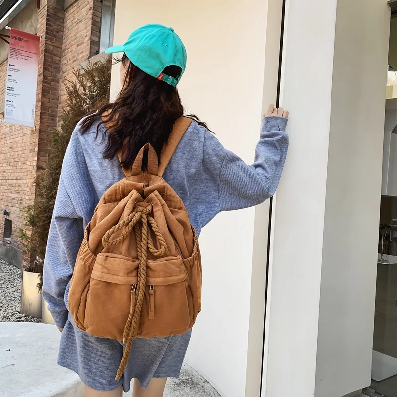 Women's Shoulder Strap Fashion Backpack Large Capacity Travel Sports Backpack Solid Color Simple Pleated Washed Canvas