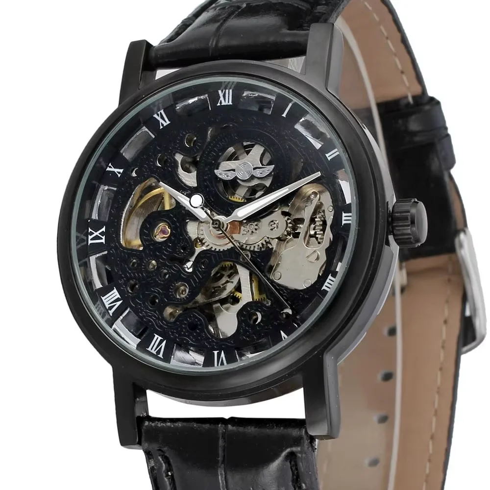 WINNER Fashion Men's watch Waterproof  Black Hollow Dial Black Case Black Leather Strap Automatic Mechanical Watch