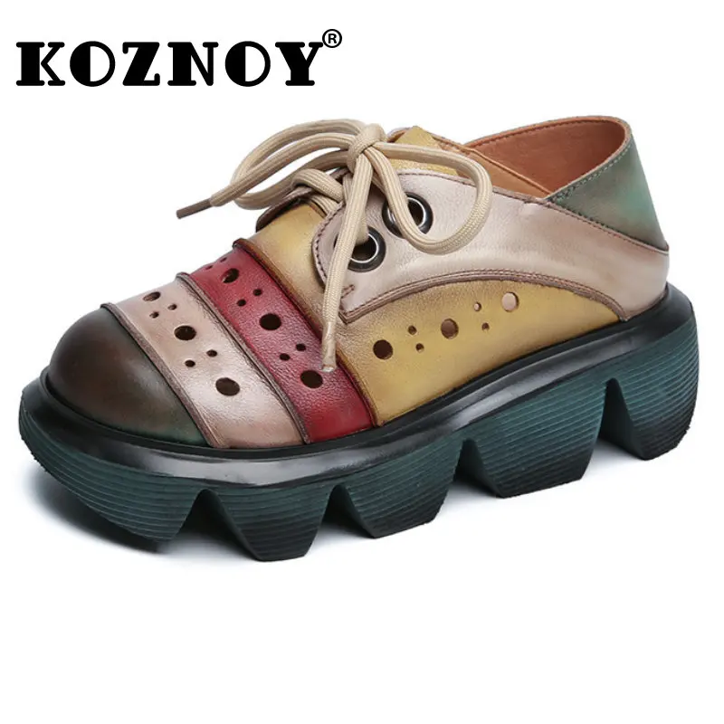 

Koznoy New In Women Boots 5.5cm Genuine Leather Heels Pumps Pils Mules Luxury Platform Summer Autumn Mixed Color Hollow Shoes