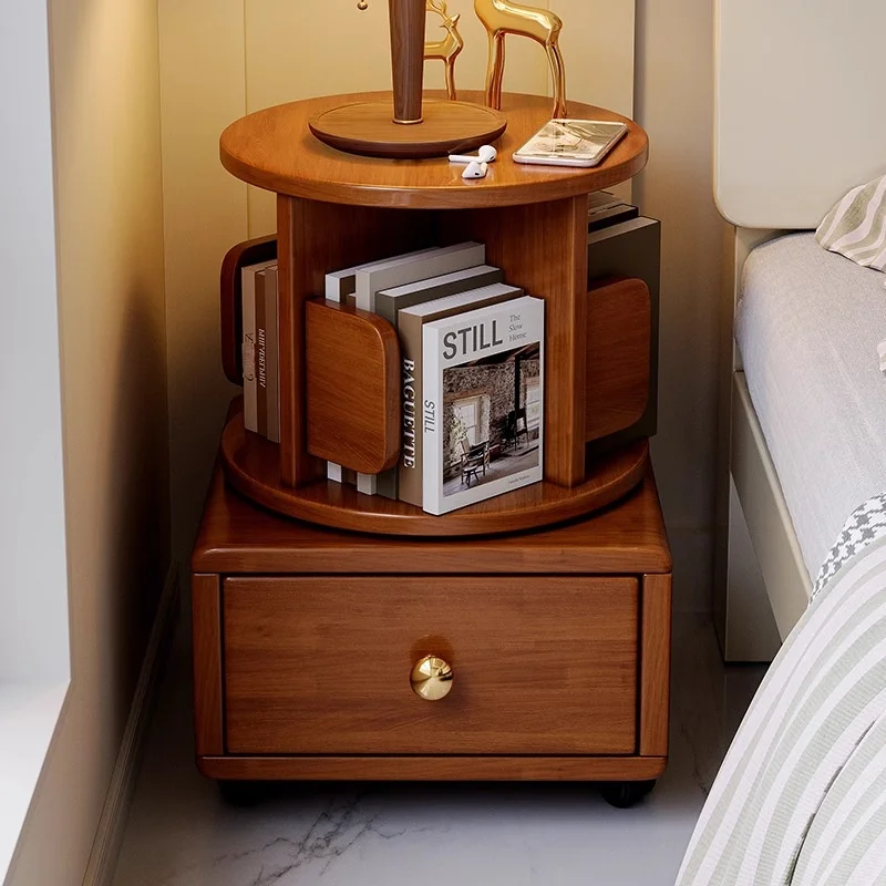 Modern Solid Wood Mobile Bedside Table Wheeled Storage Shelf Rotating Simple Bookcase For Children's Bedroom For Living Room