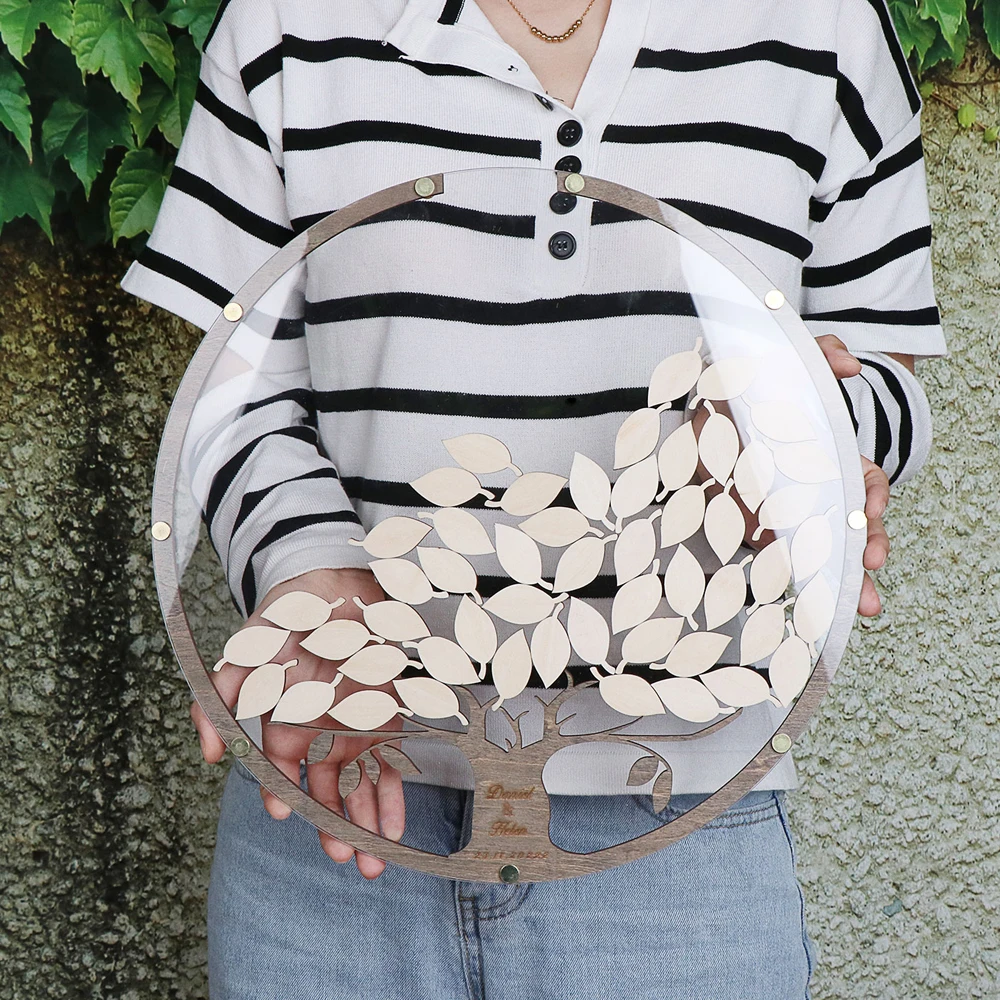 Árbol redondo personalizado para invitados de boda, con caja y hojas de 80 piezas, alternativo