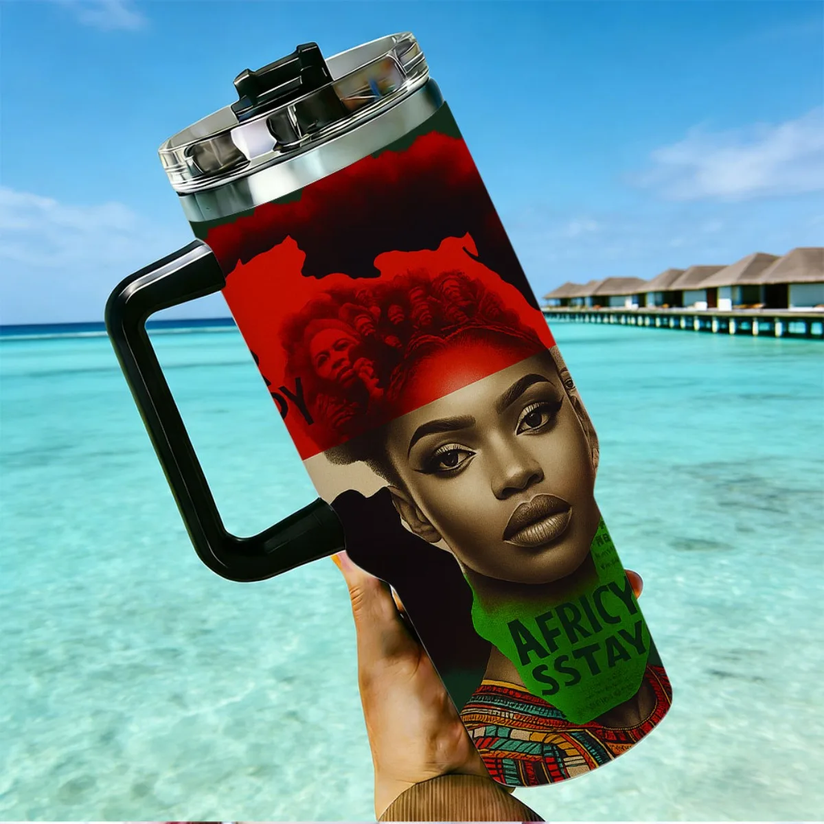 African Woman Africa Map Vintage Text Print 40oz Insulated Tumbler Stainless Steel Travel Cup With Color Handle Straw Lid