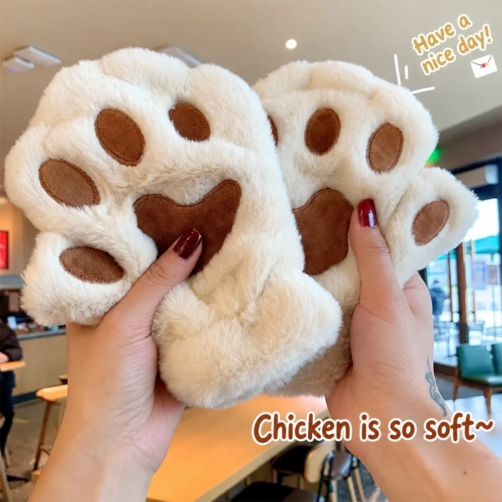 Fashionable Polyester Fleece Lined Fingerless Gloves Warm Lined Cold Proof Paw Gloves Cartoon Cat Gloves Daily Wear