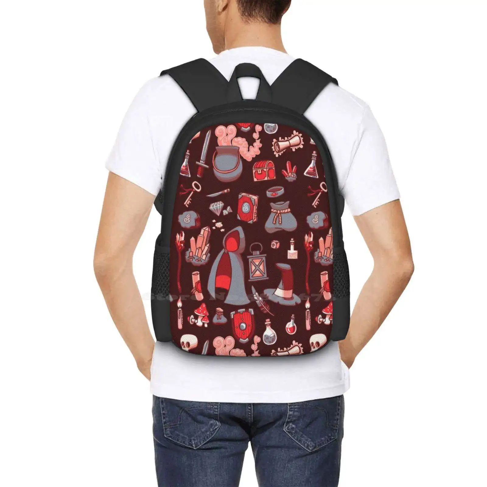 Magic Stuff Fashion Pattern Design Travel Laptop School Backpack Bag Rpg Magic Sorcery Sword Nerd Potion Scull Chest Mushroom