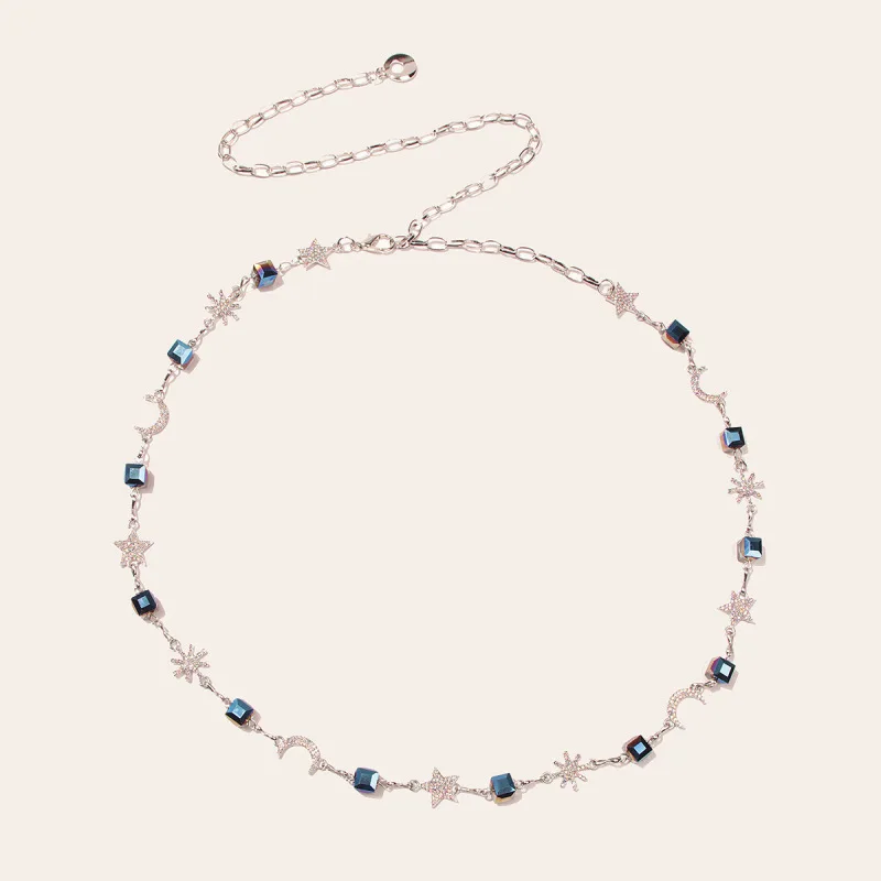 سلسلة خصر نسائية مزينة بالكريستال على شكل نجمة وقمر، مزينة بأحجار الراين والمعدن الأنيق