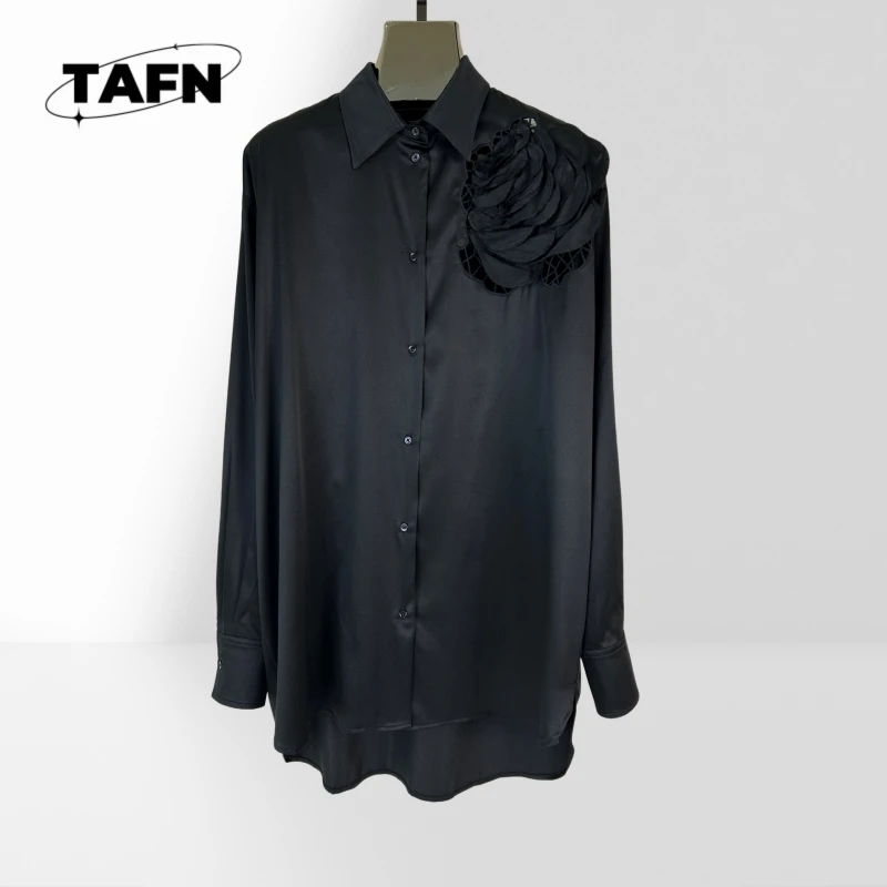 

Удобная изысканная шелковая рубашка с лацканами, модная усовершенствованная текстура, простой дизайн с принтом | Яркая и смелая графика AE0305