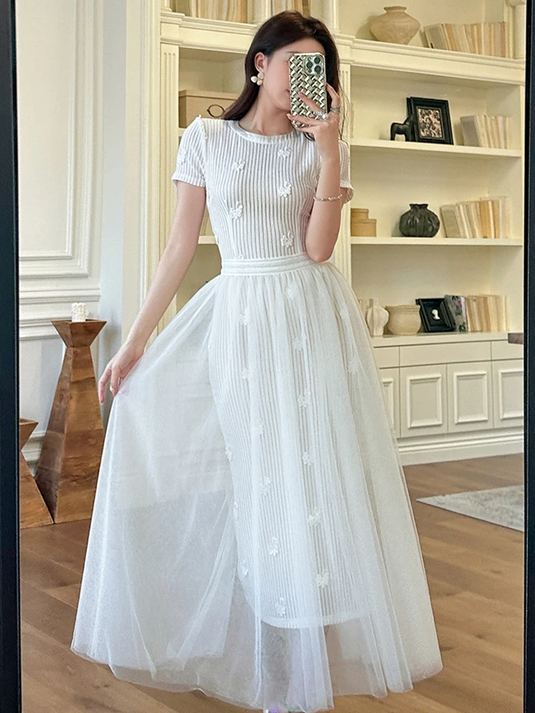 フランス風エレガントロングドレス レディース スウィートフェアリーコア フックフラワー ホローボディコンローブ スイング シアーメッシュスカート レディース ホリデーワンピース