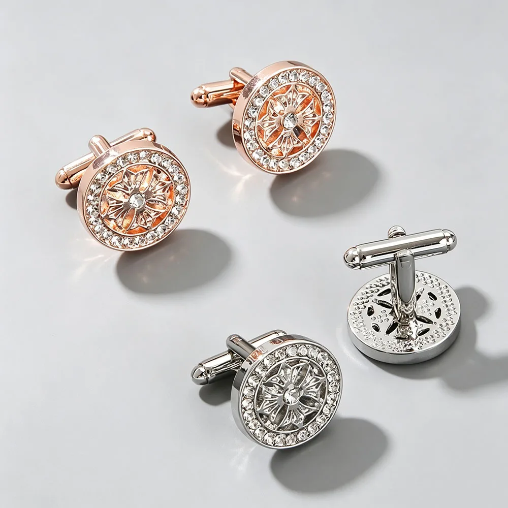 Klassische Manschettenknöpfe mit Blumengravur für Herren Luxuriöse Funkelnde Strass-Dekorative Runde Manschettenknöpfe Formeller Schmuck – Detail 2