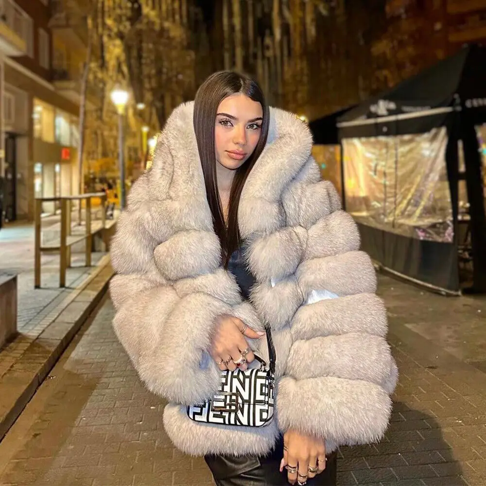 Women Natural Real Fox Fur Coats Winter Natural Fox Fur Hooded Thick Jacket Overcoat Winter Fashion Warm Genuine Fur Outwear