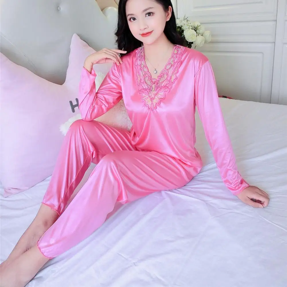 Women Top Pants Set Silky Satin Lace Embroidery Pajamas Set V Neck Top Elastic Waist Pants Soft Sleepwear for Women 2 Pcs/set