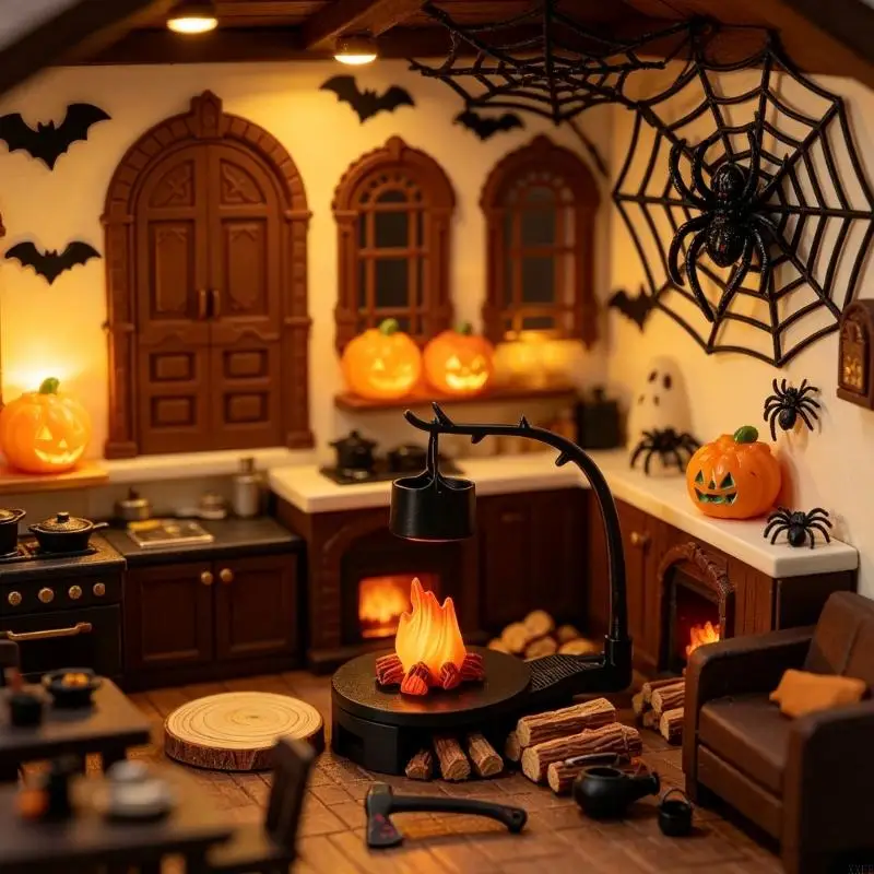 Doll House Halloween Accessories for Miniature Scene Styling, Layered Pumpkin, Spiders Web and Campfire Decors for Tabletop
